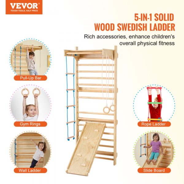 VEVOR Schwedische Leiterwand 15-stufiges Kletterspielzeug aus Holz für Indoor-Spielplätze, 100 kg Tragkraft – Bild 2
