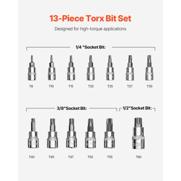 VEVOR Torx Bohrer Steckschlüsselsatz 13-tlg. Stern T8–T60, S2-Legierungsstahl & Cr-V-Stahl – Bild 3
