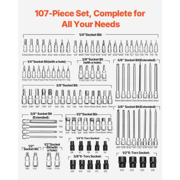 VEVOR Bohrer-Steckschlüsselsatz, 107-tlg. Sechskant/Torx/Außen-Torx/manipulationssicher/extra lang, 1/4 – Bild 3