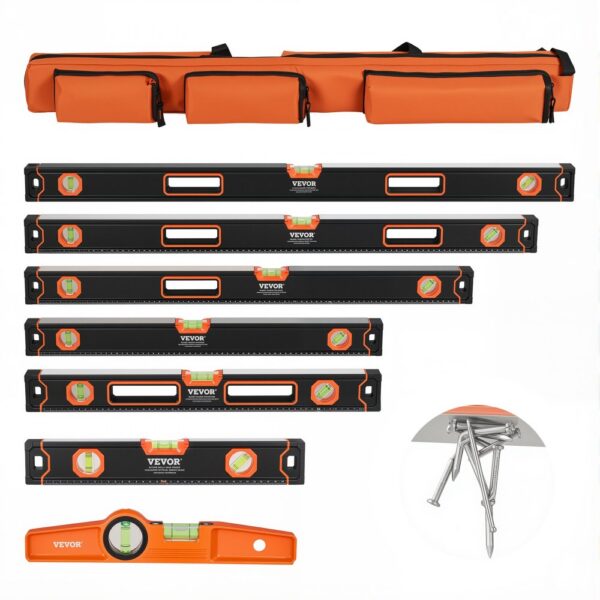 VEVOR 6-teiliges Wasserwaagen-Set, 200/120/80/60/40/25 cm Kastenwasserwaagen-Set, (nur 25 cm hat Magnet)