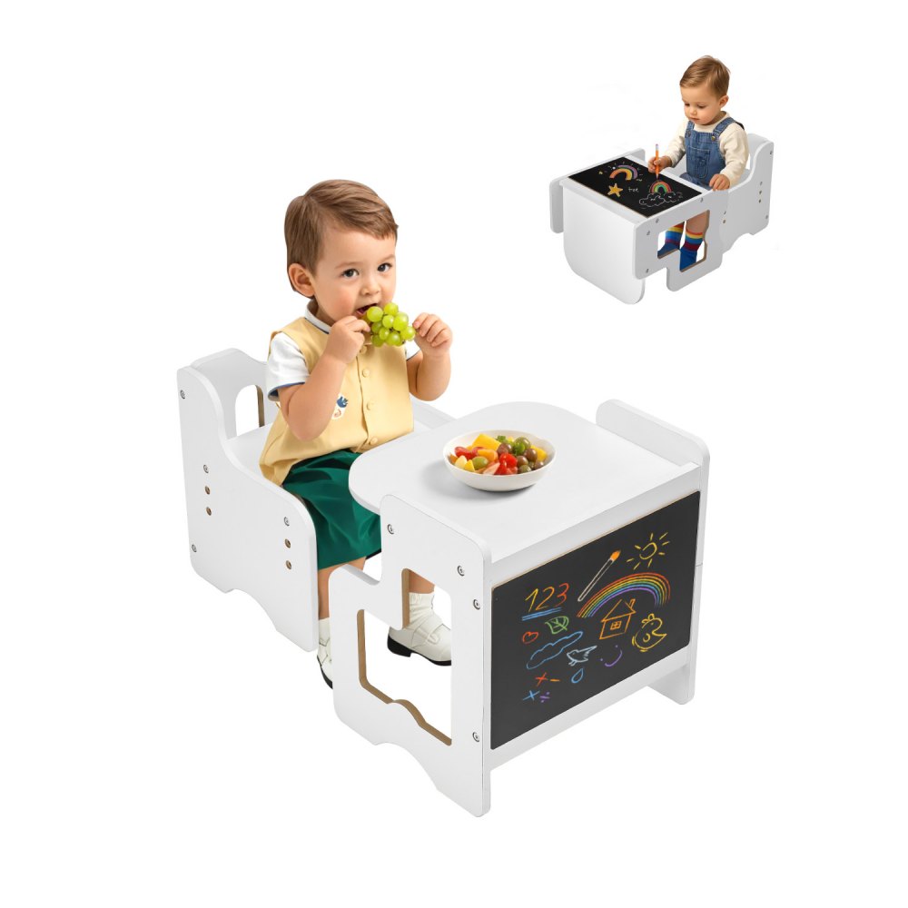 VEVOR Montessori Tisch Stuhlset Kleinkindertischset (mit Tafel) aus Holz für 1–5-Jährige, Weiß