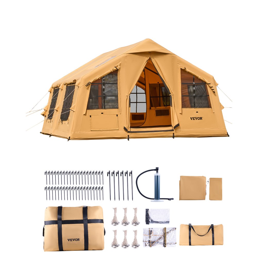 VEVOR Aufblasbares Zelt für Camping 8-12 Personen mit Handpumpe, Baldachin, 2 Türen & Netzfenstern