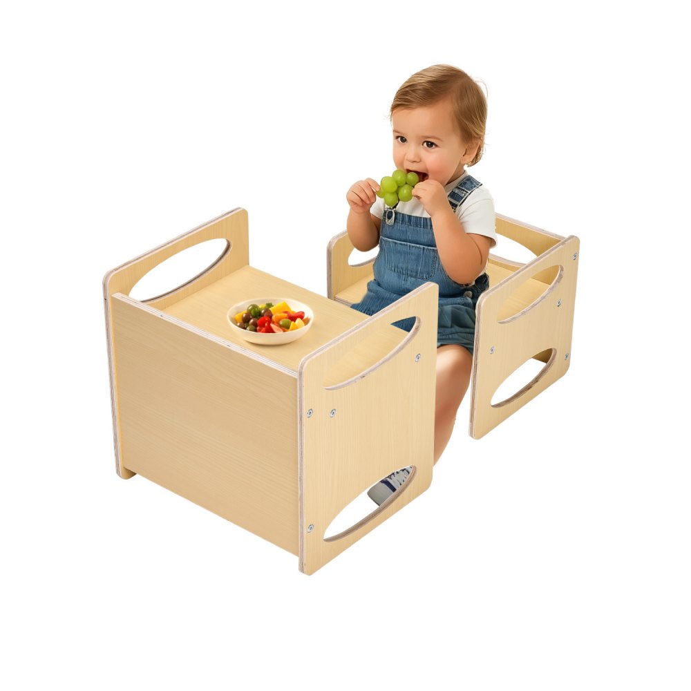 VEVOR Montessori Tisch Stuhlset Kleinkindertischset (1 Tisch + 1 Stuhl) aus Holz für 1–5-Jährige, Natur