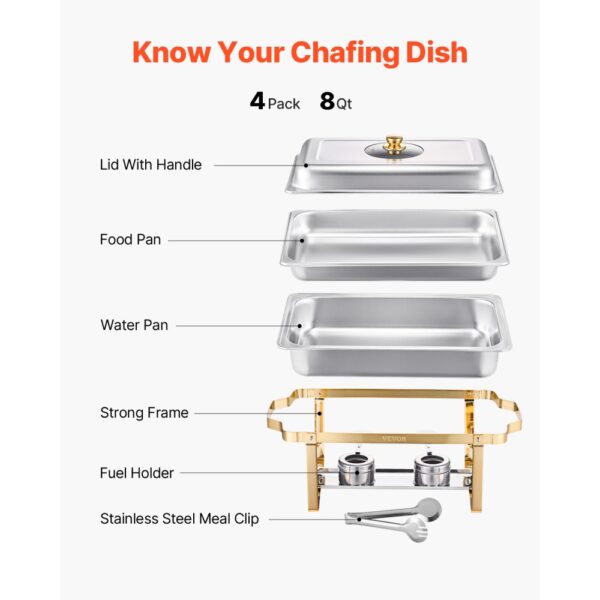 VEVOR Chafing Dish Set Speisenwärmer Edelstahl mit 4 Behältern in voller Größe (7,5 L pro), für Partys – Bild 5