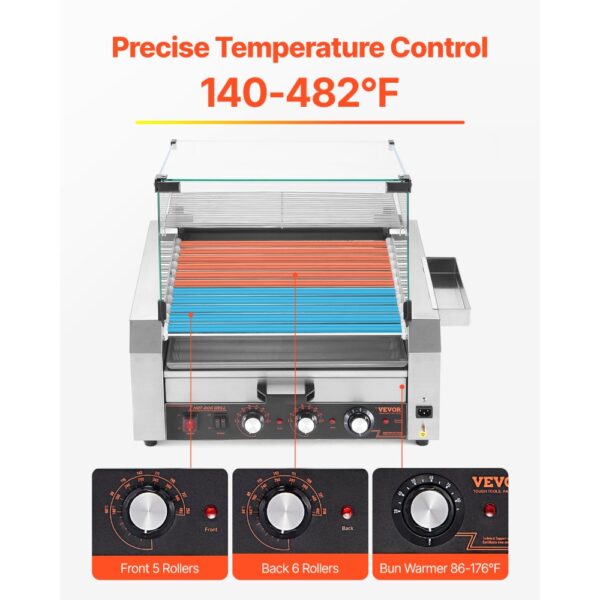 VEVOR Hot Dog Grill Maschine 30 Hot dogs 11 Rollen Edelstahl, 2400 W – Bild 3