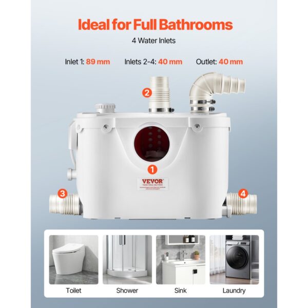 VEVOR Hebeanlage, 500 W, 110 L/min Durchfluss, 8 m Förderhöhe, Schmutzwasserpumpe mit 4 Wassereinlässen – Bild 5 VEVOR Hebeanlage, 500 W, 110 L/min Durchfluss, 8 m Förderhöhe, Schmutzwasserpumpe mit 4 Wassereinlässen – Bild 5