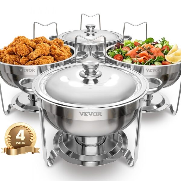 VEVOR Chafing Dish Set 4 x 4,7 L Runder Speisenwärmer für Buffet in Silber, Partys und Mobiles Catering