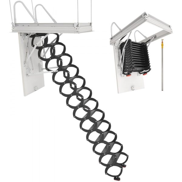 VEVOR Dachbodenleiter, Tragkraft 299,4 kg, Scherentreppe aus legiertem Stahl mit Zugstange für Dachboden