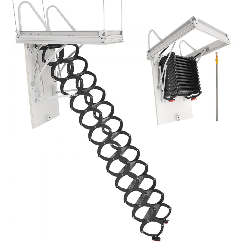 VEVOR Dachbodenleiter, Tragkraft 299,4 kg, Scherentreppe aus legiertem Stahl mit Zugstange für Dachboden
