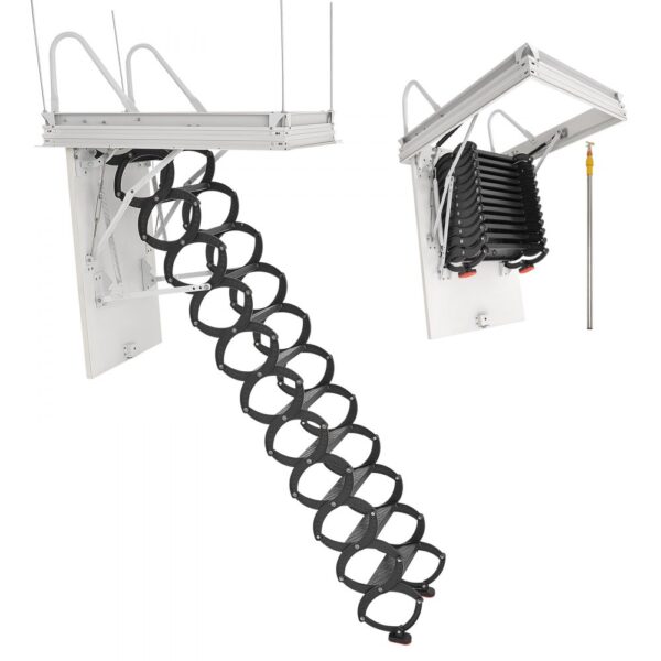 VEVOR Dachbodenleiter, Tragkraft 299,4 kg, Scherentreppe aus legiertem Stahl mit Zugstange für Dachboden