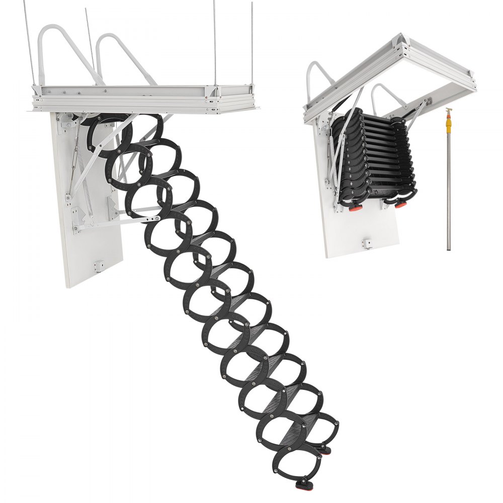 VEVOR Dachbodenleiter, Tragkraft 299,4 kg, Scherentreppe aus legiertem Stahl mit Zugstange für Dachboden