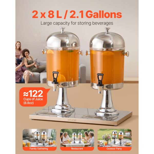 VEVOR Getränkespender (2 x 8 L) für Partys Saftspender (aus Edelstahl + Polycarbonat) mit tropfsicherem – Bild 2