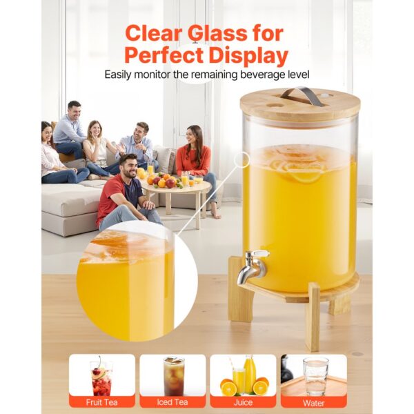 VEVOR Getränkespender (1 x 8 L) für Partys Saftspender (aus Glas) mit tropfsicherem Zapfhahn & Holzständer – Bild 4