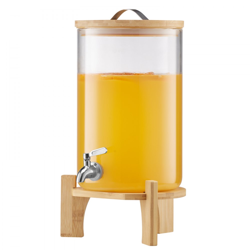 VEVOR Getränkespender (1 x 8 L) für Partys Saftspender (aus Glas) mit tropfsicherem Zapfhahn & Holzständer