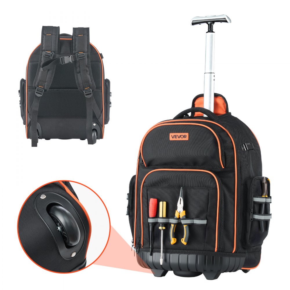 VEVOR Werkzeugrucksack mit Rollen, 50 kg Tragkraft, 45 Taschen, 440x250x480 mm