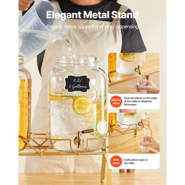 VEVOR Getränkespender (2 x 8 L) für Partys Saftspender (aus Glas) mit tropfsicherem Zapfhahn & Metallständer – Bild 5