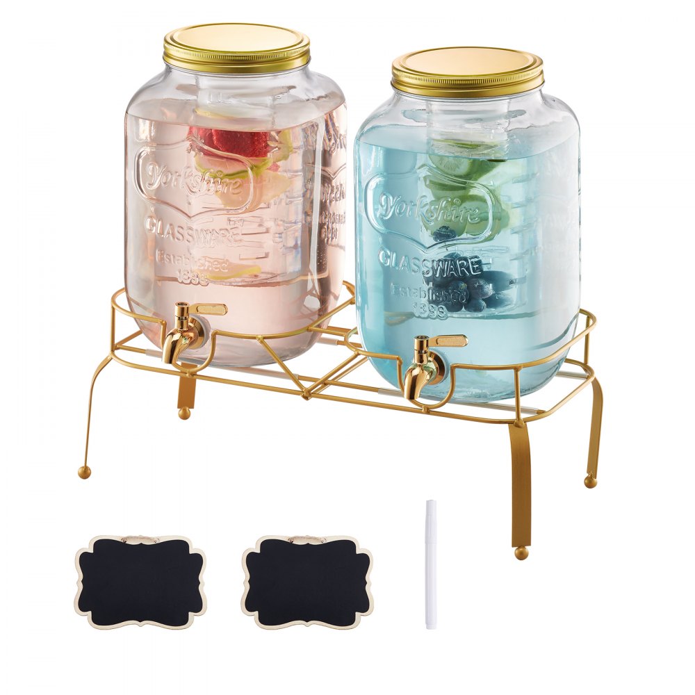 VEVOR Getränkespender (2 x 8 L) für Partys Saftspender (aus Glas) mit tropfsicherem Zapfhahn & Metallständer