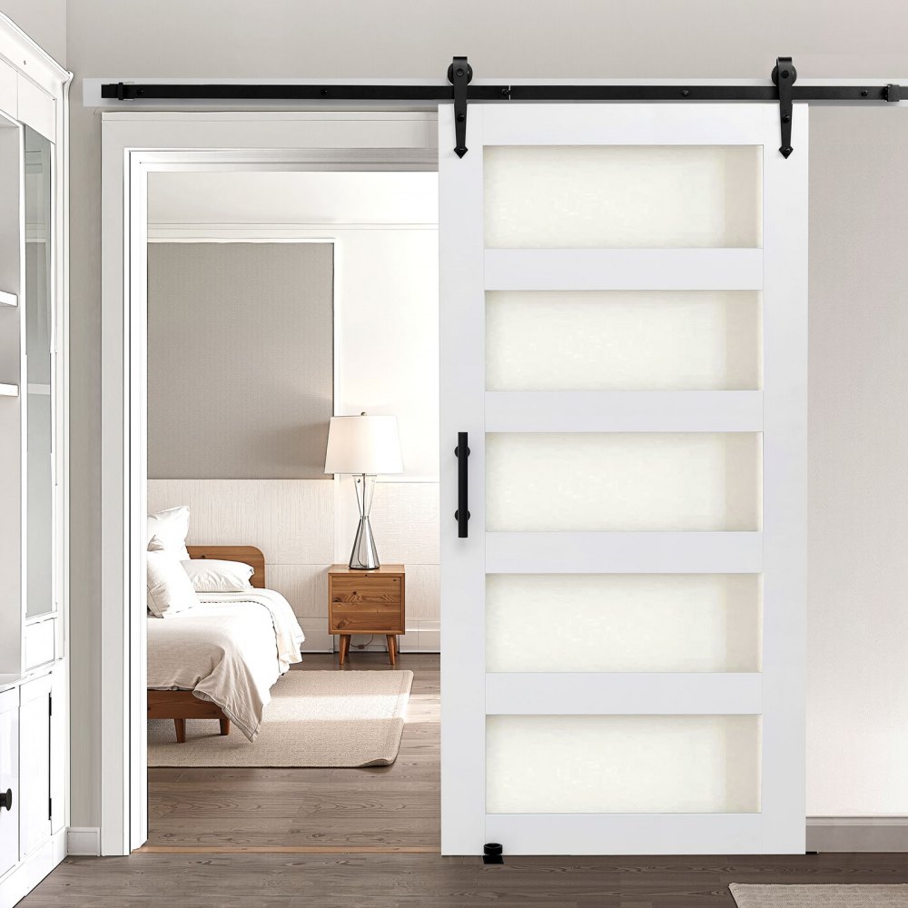 VEVOR Schiebetür im Scheunenstil Schiebetürsystem (1067 x 2134 mm) aus hochfesten MDF-Platten & Milchglas