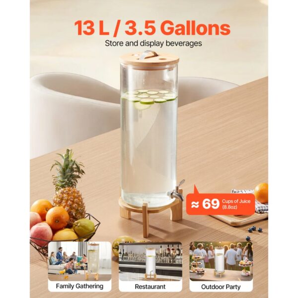VEVOR Getränkespender (1 x 13 L) für Partys Saftspender (aus Glas) mit Holzständer & Zapfhahn Wasserspender – Bild 2