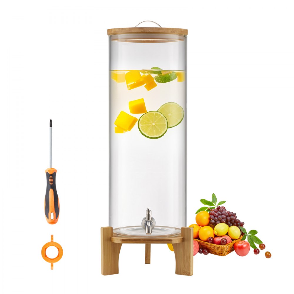VEVOR Getränkespender (1 x 13 L) für Partys Saftspender (aus Glas) mit Holzständer & Zapfhahn Wasserspender