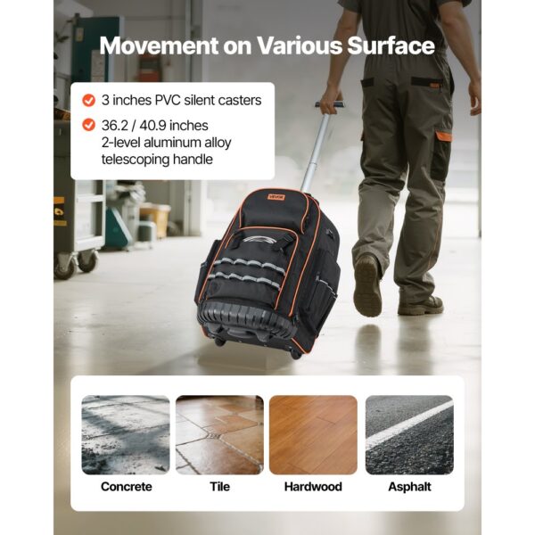 VEVOR Werkzeugrucksack mit Rollen, 50 kg Tragkraft, 72 Taschen, 450x275x560 mm – Bild 4
