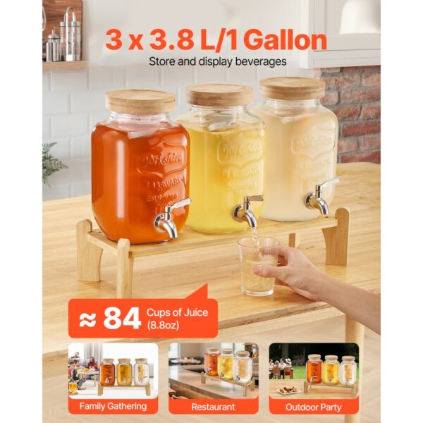 VEVOR Getränkespender (3 x 3,8 L) für Partys Saftspender (aus Glas) mit tropfsicherem Zapfhahn & Holzständer – Bild 2