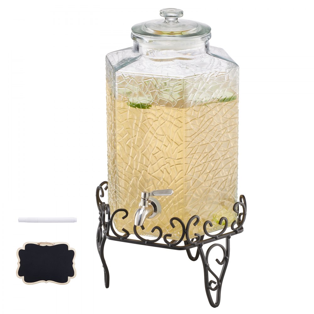 VEVOR Getränkespender (1 x 10 L) für Partys Saftspender (aus Glas) mit tropfsicherem Zapfhahn & Metallständer