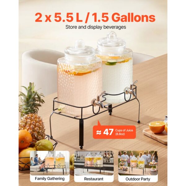 VEVOR Getränkespender (2 x 5,5 L) für Partys Saftspender (aus Glas) mit tropfsicherem Zapfhahn & Metallständer – Bild 2