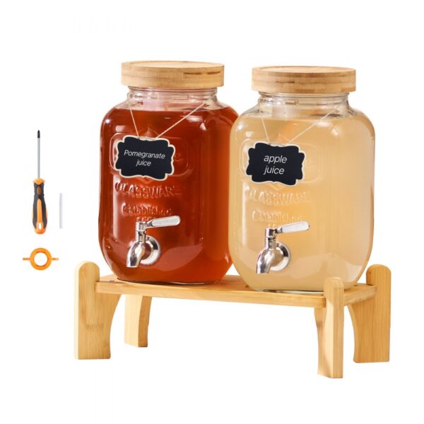 VEVOR Getränkespender (2 x 3,8 L) für Partys Saftspender (aus Glas) mit tropfsicherem Zapfhahn & Holzständer
