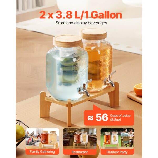 VEVOR Getränkespender (2 x 3,8 L) für Partys Saftspender (aus Glas) mit tropfsicherem Zapfhahn & Holzständer – Bild 2