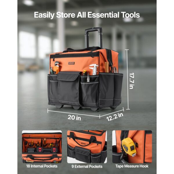 VEVOR Werkzeugtasche mit Rollen, 50 kg Tragkraft, 27 Taschen, 510x310x450 mm – Bild 2