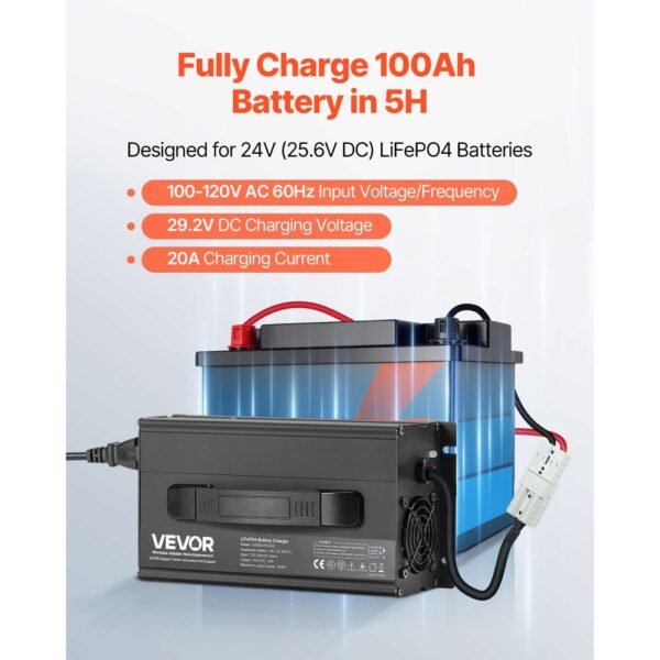 VEVOR 24 V 20 A Lithium-Batterieladegerät, 29,2 V, DC Ladespannung, 0-V-Aktivierung – Bild 2