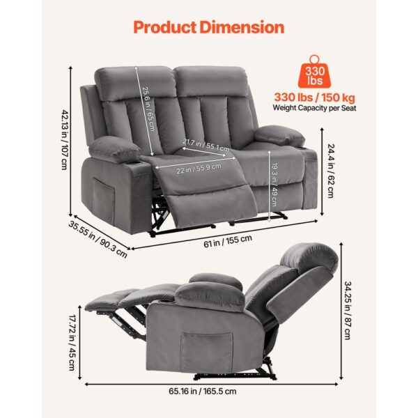VEVOR Loveseat Relaxsessel elektrische Liegecouch mit Wärmefunktion & Massage, TV-Sessel für Wohnzimmer Grau – Bild 3