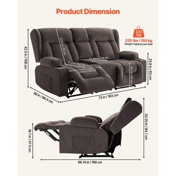 VEVOR Loveseat Relaxsessel elektrische Liegecouch mit Wärmefunktion & Massage, Sofa für Wohnzimmer Braun – Bild 3