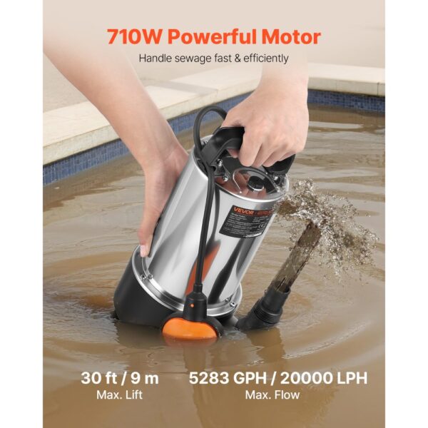 VEVOR 710W Tauchpumpe, 20000l/h, Schmutzwasserpumpe für Abwasser, 9m Förderhöhe – Bild 2