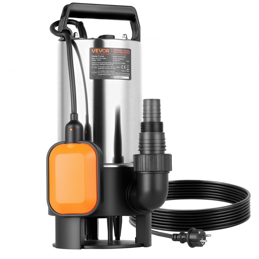 VEVOR 710W Tauchpumpe, 20000l/h, Schmutzwasserpumpe für Abwasser, 9m Förderhöhe