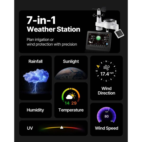 VEVOR 7-in-1 WLAN-Wetterstation, 7-Zoll-TFT-Display, solarbetriebener Außensensor – Bild 2