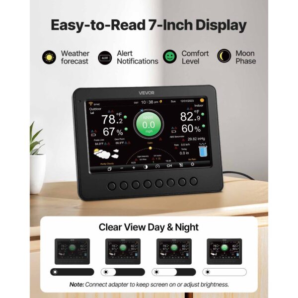 VEVOR 7-in-1 WLAN-Wetterstation, 7-Zoll-TFT-Display, solarbetriebener Außensensor – Bild 4