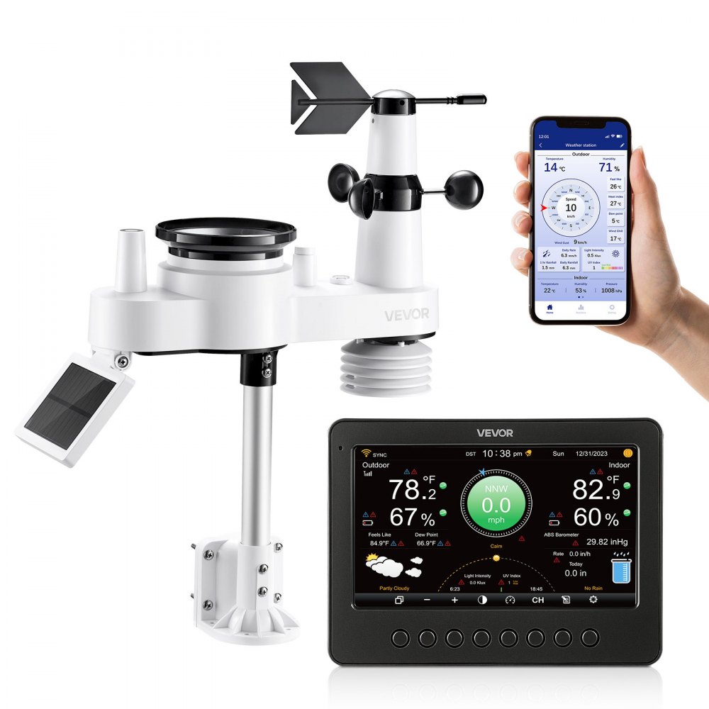 VEVOR 7-in-1 WLAN-Wetterstation, 7-Zoll-TFT-Display, solarbetriebener Außensensor
