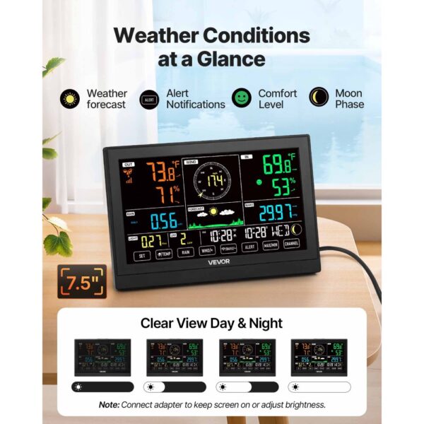 VEVOR 7-in-1 WLAN-Wetterstation mit APP, 7,5-Zoll-Display, solarbetriebener Außensensor – Bild 4