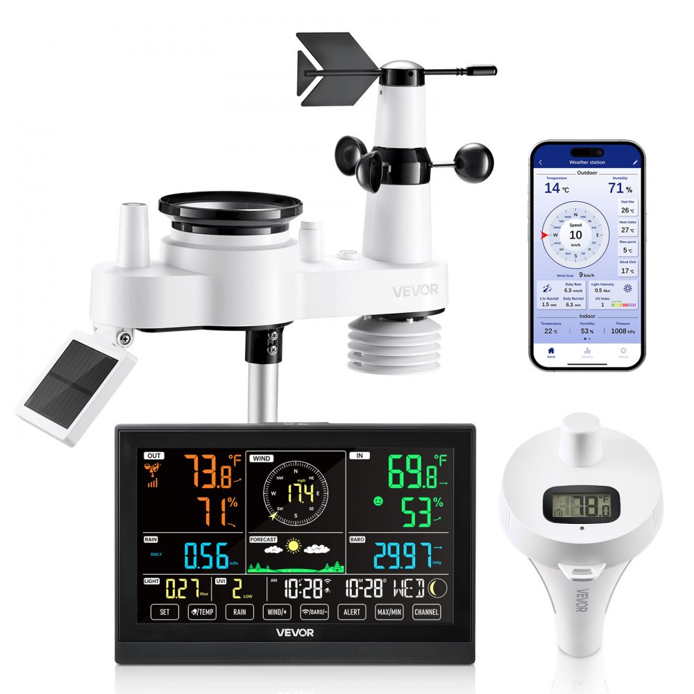 VEVOR 7-in-1 WLAN-Wetterstation mit APP, 7,5-Zoll-Display, solarbetriebener Außensensor