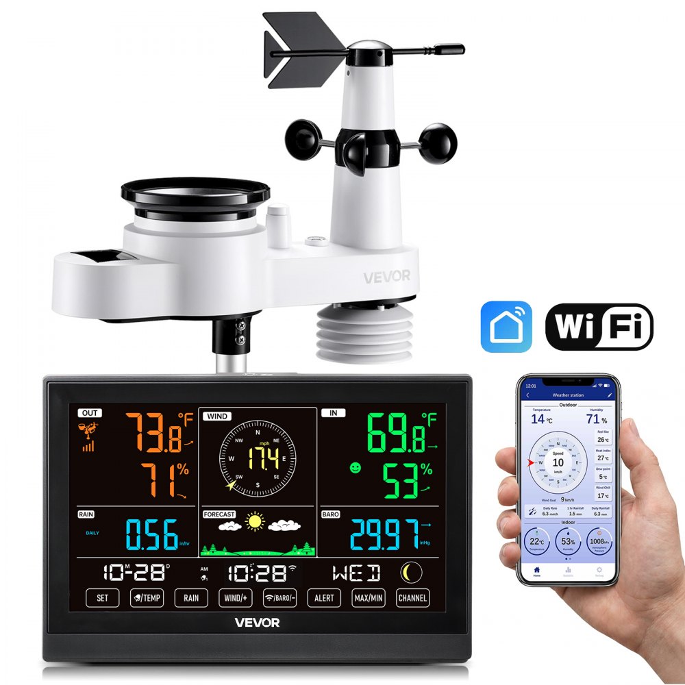 VEVOR 5-in-1-WLAN-Wetterstation, 7,5-Zoll-VA-Display, solarbetriebener Außensensor
