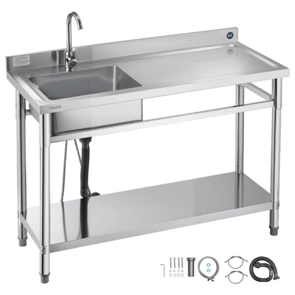 VEVOR Spültisch Spülbecken Edelstahl (120 x 50 x 94 cm), Einzelbecken mit Wasserhahn & Ablage