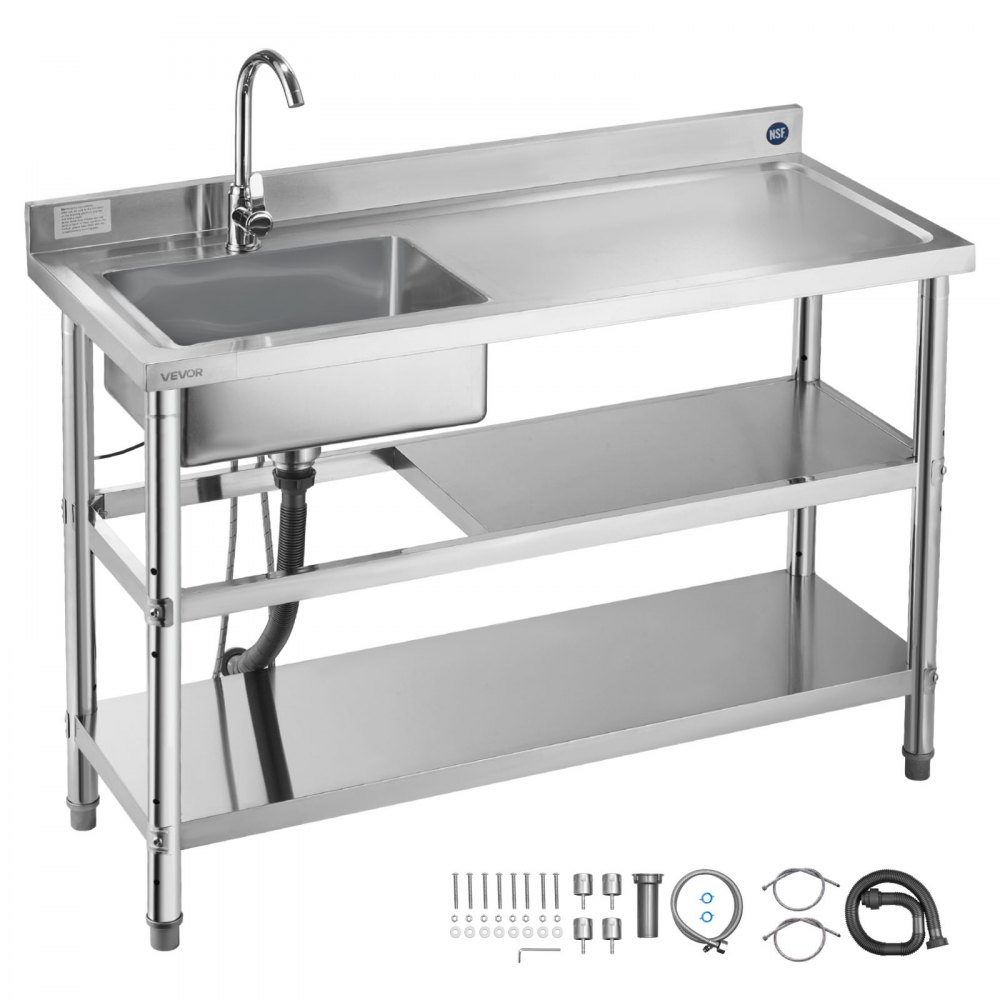 VEVOR Spültisch Spülbecken Edelstahl (120 x 50 x 94 cm), Einzelbecken mit Wasserhahn & 2 Ablagefächern