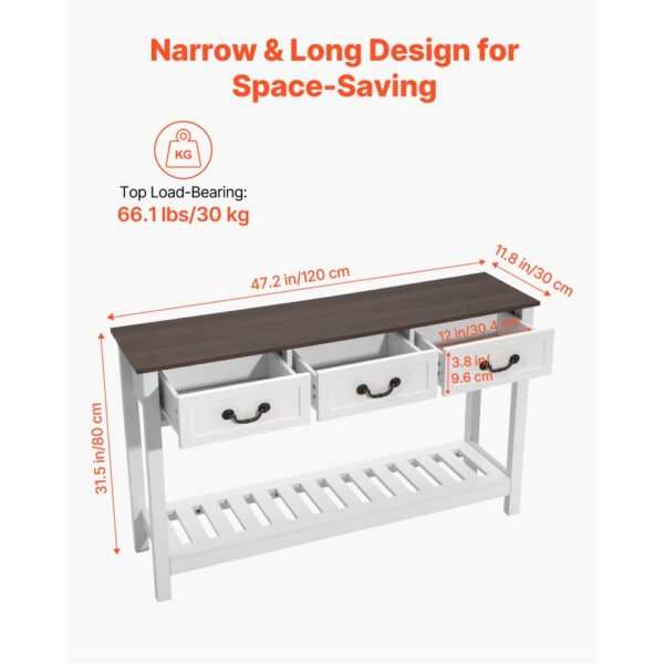 VEVOR Konsolentisch Sofatisch mit Schubladen & Ablagefach, Flurtisch 120 x 30 x 80 cm Braun + Weiß – Bild 3