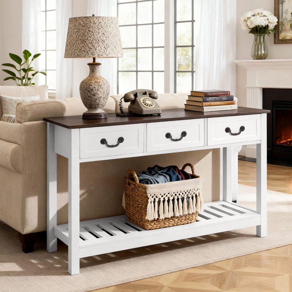 VEVOR Konsolentisch Sofatisch mit Schubladen & Ablagefach, Flurtisch 120 x 30 x 80 cm Braun + Weiß