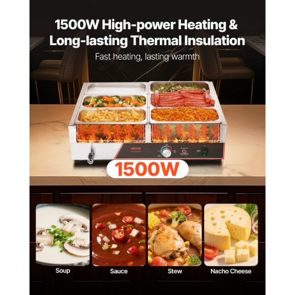 VEVOR kommerzieller Speisenwärmer mit 6 Behälter (1/3-Größe) & Netzkabel, 1500 W Buffetwärmer Edelstahl – Bild 2