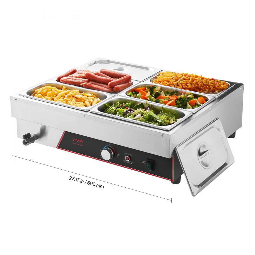 VEVOR kommerzieller Speisenwärmer mit 6 Behälter (1/3-Größe) & Netzkabel, 1500 W Buffetwärmer Edelstahl