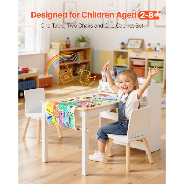 VEVOR Kindertisch mit 2 Stühlen & 3-stöckigem Aufbewahrungsschrank, Kindersitzgruppe Kindertagesstätte, Weiß – Bild 2