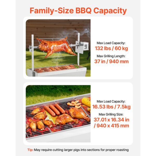 VEVOR Drehspießgrill 38 W Spanferkelgrill Lammgrill Holzkohlegrill (94 cm Grilllänge) mit 60 kg Tragkraft – Bild 3